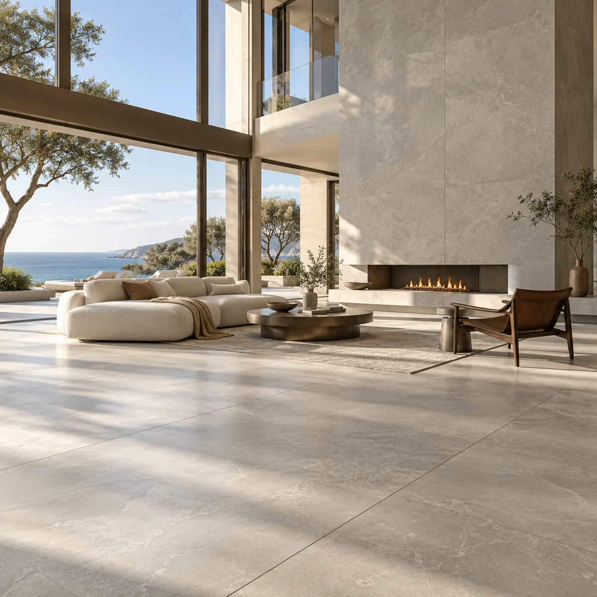 Double-height coastal living room with expansive stone-look floor slabs and a monumental fireplace wall — design visualisation